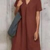 Women's Casual Dress Cotton Linen Dress A Line Dress Midi Dress Linen Cotton Blend Fashion Modern Outdoor Daily Vacation V Neck Ruched Short Sleeve Summer Spring 2023 Loose Fit ArmyGreen Wine Sky Blue