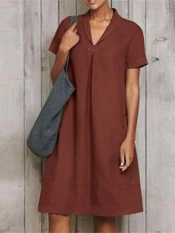 Women's Casual Dress Cotton Linen Dress A Line Dress Midi Dress Linen Cotton Blend Fashion Modern Outdoor Daily Vacation V Neck Ruched Short Sleeve Summer Spring 2023 Loose Fit ArmyGreen Wine Sky Blue
