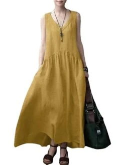 Women's Casual Dress Cotton Linen Dress A Line Dress Maxi Long Dress Cotton Blend Basic Modern Outdoor Daily V Neck Pocket Sleeveless Summer Spring 2023 Regular Fit ArmyGreen Black Yellow Pure Color -HAYz Clothing Shop kvztbd1682427097494