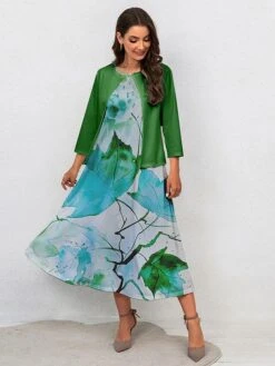 Women's Two Piece Dress Set Casual Dress Swing Dress Outdoor Office Fashion Streetwear Print Midi Dress Crew Neck 3/4 Length Sleeve Leaf Regular Fit Yellow Green Gray Fall Winter S M L XL XXL -HAYz Clothing Shop kwetlr1697681155150