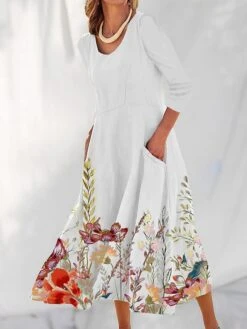 Women's Casual Dress Cotton Linen Dress Swing Dress Maxi Long Dress Polyester Fashion Casual Daily Outdoor Daily Vacation V Neck Split Print Long Sleeve Summer Spring Fall 2023 Loose Fit White Navy -HAYz Clothing Shop kwfrez1690539144214