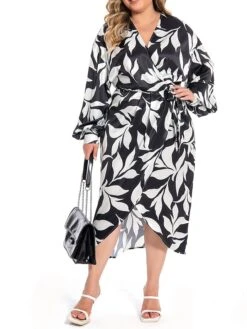 Women's Plus Size Curve Work Dress Satin Dress Wrap Dress Floral Midi Dress Long Sleeve Split V Neck Fashion Office Black Fall Winter L XL XXL 3XL 4XL -HAYz Clothing Shop kwjgxe1694772973598