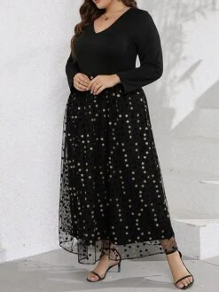 Women‘s Plus Size Curve Party Dress Swing Dress Black Dress Long Dress Maxi Dress Black Long Sleeve Polka Dot Mesh Summer Spring Fall V Neck Fashion Winter Dress Birthday Evening Party 2023 -HAYz Clothing Shop kwtviq1691464044600