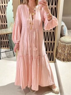 Women's Casual Dress Cotton Linen Dress Swing Dress Maxi Long Dress Cotton Blend Basic Casual Outdoor Daily Vacation V Neck Pocket Cut Out Long Sleeve Summer Spring Fall 2023 Regular Fit Pink Plain S
