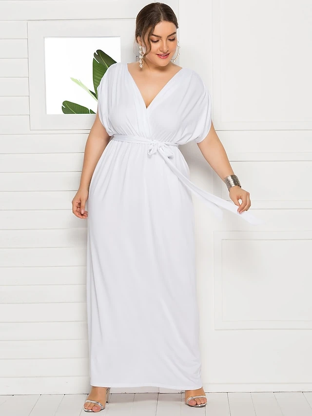 Women's Plus Size Party Dress Solid Color V Neck Short Sleeve Summer Spring Elegant Casual Prom Dress Maxi Long Dress Party Daily Dress 2 Women's Plus Size Party Dress Solid Color V Neck Short Sleeve Summer Spring Elegant Casual Prom Dress Maxi Long Dress Party Daily Dress - Image 2