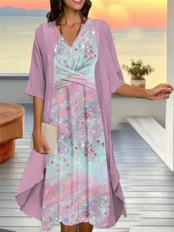 Women's Two Piece Dress Set Casual Dress Chiffon Dress Outdoor Daily Fashion Streetwear Knot Front Print Midi Dress V Neck 3/4 Length Sleeve Floral Plaid Regular Fit Silver Blue Purple Fall Winter S -HAYz Clothing Shop kxfpxl1693534943204