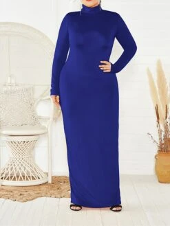 Women's Plus Size Curve Casual Dress Bodycon Sheath Dress Plain Long Dress Maxi Dress Long Sleeve Stand Collar Fashion Outdoor Black Yellow Fall Winter XXL 3XL 4XL 5XL -HAYz Clothing Shop kxicwv1694151471412