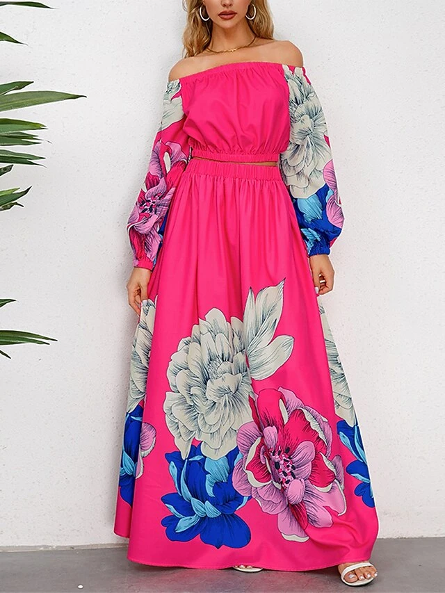 Women's Two Piece Dress Set Casual Dress Skirt Set Daily Going Out Casual Ruched Print Long Dress Maxi Dress Off Shoulder Long Sleeve Floral Regular Fit Blue Green Rose Red Fall Winter S M L XL XXL 5 Women's Two Piece Dress Set Casual Dress Skirt Set Daily Going Out Casual Ruched Print Long Dress Maxi Dress Off Shoulder Long Sleeve Floral Regular Fit Blue Green Rose Red Fall Winter S M L XL XXL - Image 5
