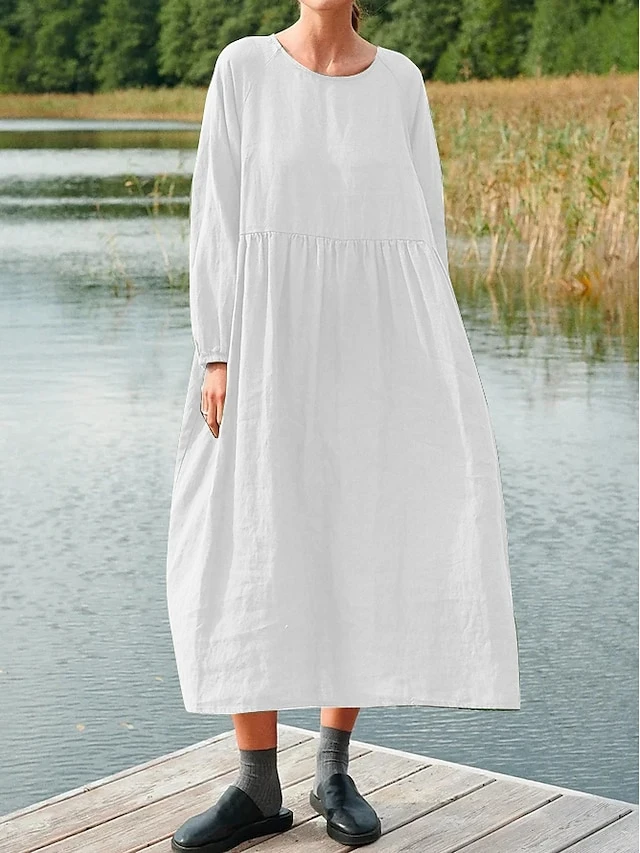 Women's Cotton Linen Dress Midi Dress Linen Cotton Blend Basic Daily Crew Neck Splice Basic Long Sleeve Spring Fall 2023 Loose Fit Light Pink ArmyGreen Black Plain S M L XL 2XL 2 Women's Cotton Linen Dress Midi Dress Linen Cotton Blend Basic Daily Crew Neck Splice Basic Long Sleeve Spring Fall 2023 Loose Fit Light Pink ArmyGreen Black Plain S M L XL 2XL - Image 2