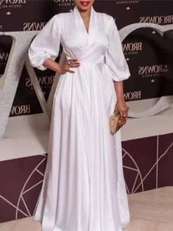 Women‘s Plus Size Curve Party Dress Solid Color V Neck Ruched 3/4 Length Sleeve Spring Fall Formal Casual Prom Dress Maxi Long Dress Party Daily Dress