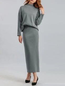 Women's Two Piece Dress Set Casual Dress Skirt Set Outdoor Daily Fashion Streetwear Split Ribbed Midi Dress Turtleneck Long Sleeve Plain Loose Fit Black Light Green Blue Fall One-Size