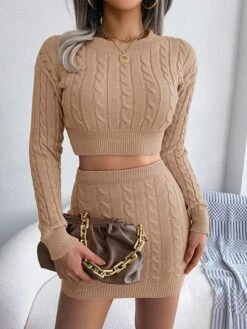 Women's Two Piece Dress Set Casual Dress Sweater Dress Daily Holiday Fashion Streetwear Ribbed Mini Dress Crew Neck Long Sleeve Plain Slim White Pink Khaki Fall Winter S M L -HAYz Clothing Shop kyinew1695030771018