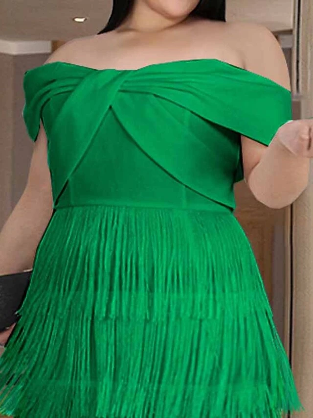 Women‘s Plus Size Curve Party Dress Solid Color Off Shoulder Short Sleeve Spring Fall Elegant Formal Midi Dress Formal Party Dress Fringe Dress 2 Women‘s Plus Size Curve Party Dress Solid Color Off Shoulder Short Sleeve Spring Fall Elegant Formal Midi Dress Formal Party Dress Fringe Dress - Image 2