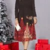 Women's Christmas Plus Size Curve Casual Dress Skater Dress A Line Dress Elk Christmas Tree Midi Dress Long Sleeve Print Crew Neck Fashion Outdoor Black White Fall Winter L XL XXL 3XL 4XL