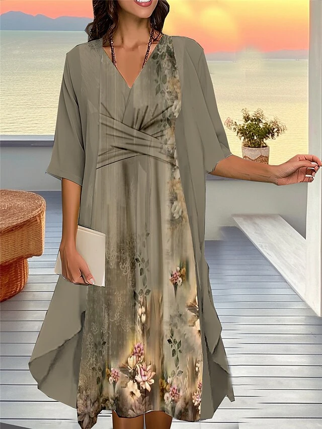 Women's Two Piece Dress Set Casual Dress Chiffon Dress Outdoor Daily Fashion Streetwear Knot Front Print Midi Dress V Neck 3/4 Length Sleeve Floral Regular Fit Pink Blue Purple Fall Winter S M L XL 4 Women's Two Piece Dress Set Casual Dress Chiffon Dress Outdoor Daily Fashion Streetwear Knot Front Print Midi Dress V Neck 3/4 Length Sleeve Floral Regular Fit Pink Blue Purple Fall Winter S M L XL - Image 4