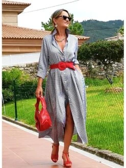 Women's Shirt Dress Casual Dress Maxi Long Dress Outdoor Winter Dress Daily Cotton Cotton And Linen Fashion Casual Shirt Collar Lace Up Pocket Long Sleeve Summer Spring Fall 2023 Regular Fit Pink -HAYz Clothing Shop kzcknv1695105906314