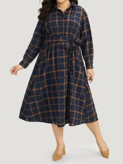 Women's Plus Size Curve Shirt Dress Casual Dress Swing Dress Plaid Midi Dress Long Sleeve Lace Up Button Shirt Collar Fashion Outdoor Dark Blue Fall Winter L XL 2XL 3XL 4XL -HAYz Clothing Shop kzqzsd1697164756284