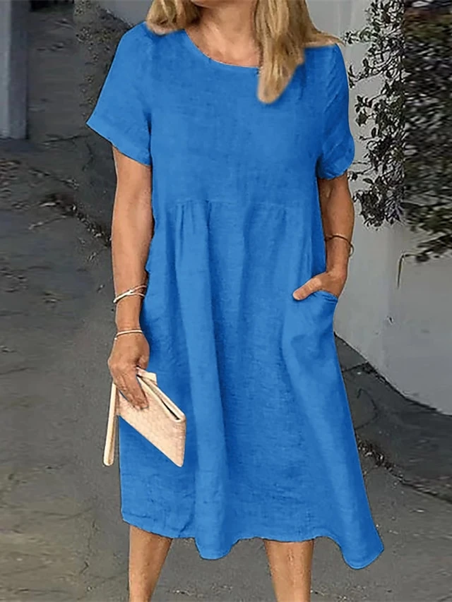 Women's Casual Dress Cotton Linen Dress Shift Dress Midi Dress Cotton Blend Basic Casual Daily Holiday Vacation Crew Neck Pocket Short Sleeve Summer Spring 2023 Loose Fit White Pink Blue Pure Color S 4 Women's Casual Dress Cotton Linen Dress Shift Dress Midi Dress Cotton Blend Basic Casual Daily Holiday Vacation Crew Neck Pocket Short Sleeve Summer Spring 2023 Loose Fit White Pink Blue Pure Color S - Image 4