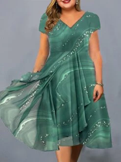 Women‘s Plus Size Curve Casual Dress Color Gradient V Neck Short Sleeve Spring Fall Casual Midi Dress Daily Vacation Dress -HAYz Clothing Shop lakeap1671190171661