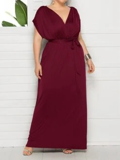 Women's Plus Size Curve Party Dress Sheath Dress Formal Dress Maxi Dress White Wine Royal Blue Short Sleeve Pure Color Lace Up Spring Fall Autumn V Neck Fashion Birthday Wedding Guest Vacation -HAYz Clothing Shop lamfvq1692178806697