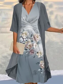 Women's Two Piece Dress Set Casual Dress Chiffon Dress Outdoor Daily Fashion Streetwear Knot Front Print Midi Dress V Neck 3/4 Length Sleeve Floral Regular Fit Black Pink Blue Fall Winter S M L XL XXL -HAYz Clothing Shop laolto1693972032935