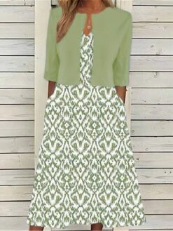 Women's Two Piece Dress Set Casual Dress Print Dress Outdoor Daily Fashion Elegant Pocket Print Midi Dress V Neck Half Sleeve Geometric Regular Fit Blue Green Summer Spring S M L XL XXL -HAYz Clothing Shop laqmly1680780641756