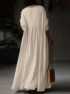 Women's Cotton Linen Dress Casual Dress Maxi Long Dress Linen Boho Casual Winter Dress Daily Holiday Crew Neck Patchwork Long Sleeve Summer Spring Fall Linen Loose Fit Black White Khaki Pure Color S -HAYz Clothing Shop lbcszc1651125384966