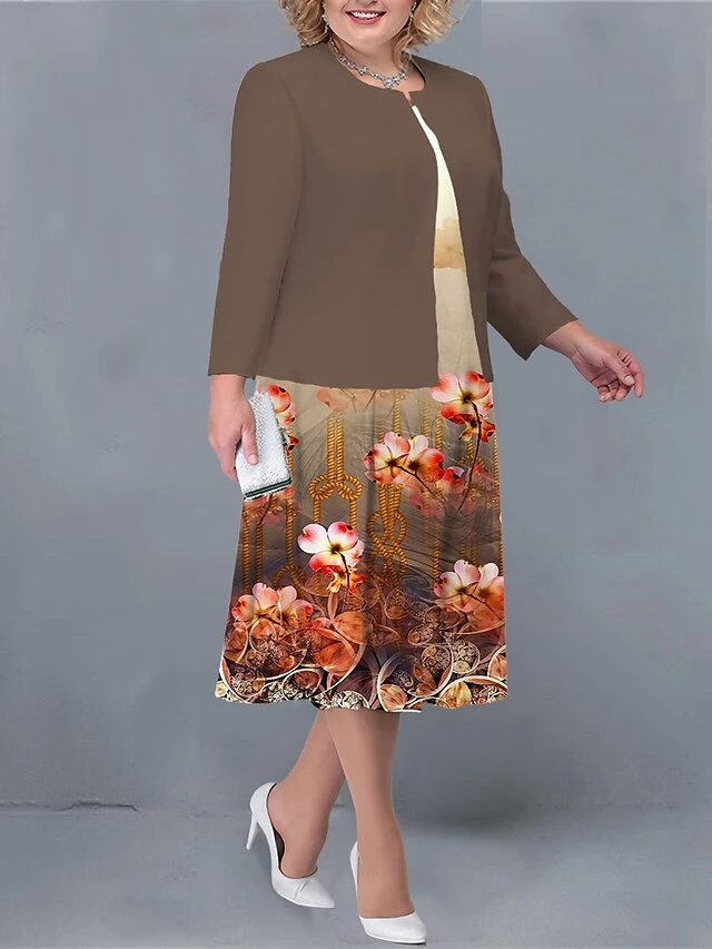 Women's Plus Size Two Piece Dress Set Casual Dress Print Dress Outdoor Office Fashion Streetwear Print Midi Dress Crew Neck Long Sleeve Floral Regular Fit Dark Brown Navy Blue Brown Fall Winter L XL 2 Women's Plus Size Two Piece Dress Set Casual Dress Print Dress Outdoor Office Fashion Streetwear Print Midi Dress Crew Neck Long Sleeve Floral Regular Fit Dark Brown Navy Blue Brown Fall Winter L XL - Image 2