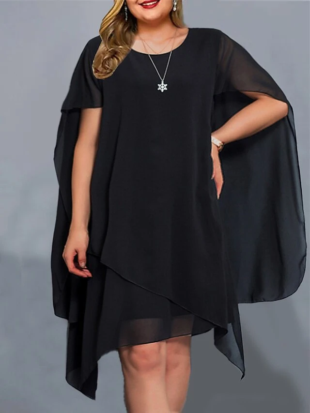 Women‘s Plus Size Curve Work Dress Chiffon Dress Solid Color Midi Dress Short Sleeve Asymmetric Crew Neck Elegant Office Black Red Summer Spring L XL XXL 3XL 4XL 1 Women‘s Plus Size Curve Work Dress Chiffon Dress Solid Color Midi Dress Short Sleeve Asymmetric Crew Neck Elegant Office Black Red Summer Spring L XL XXL 3XL 4XL