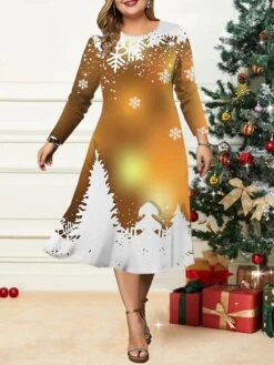 Women's Christmas Plus Size Curve Casual Dress Skater Dress A Line Dress Christmas Tree Snowflake Midi Dress Long Sleeve Print Crew Neck Fashion Outdoor Black Red Fall Winter L XL XXL 3XL 4XL -HAYz Clothing Shop lbjdcm1695350914691