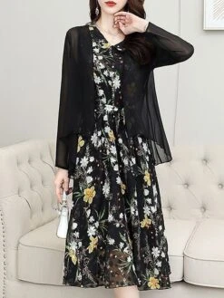 Women's Two Piece Dress Set Print Dress Outdoor Daily Modern Casual Lace Up Ruched Midi Dress V Neck Long Sleeve Floral Regular Fit Black Pink Blue Summer Spring M L XL XXL XXXL -HAYz Clothing Shop lbkdvs1678430834791