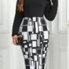 Women's Plus Size Curve Party Dress Winter Dress Bodycon Geometric Midi Dress Long Sleeve Patchwork Print V Neck Fashion Party Black Fall Winter XL XXL 3XL 4XL