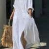 Women's Shirt Dress Casual Dress Cotton Linen Dress Maxi Long Dress Linen / Cotton Blend Basic Classic Outdoor Daily Vacation Shirt Collar Button Pocket 3/4 Length Sleeve Summer Spring Fall 2023