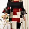 Women‘s Plus Size Curve Party Dress Plaid Off Shoulder Print 3/4 Length Sleeve Spring Fall Elegant Mature Midi Dress Formal Work Dress