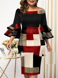 Women‘s Plus Size Curve Party Dress Plaid Off Shoulder Print 3/4 Length Sleeve Spring Fall Elegant Mature Midi Dress Formal Work Dress