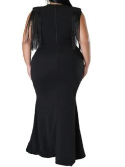 Women‘s Plus Size Curve Party Dress Solid Color V Neck Tassel Fringe Sleeveless Spring Summer Formal Maxi Long Dress Party Date Dress -HAYz Clothing Shop lcynyq1659936865578