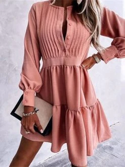Women's Shirt Dress Casual Dress Mini Dress Outdoor Daily Date Polyester Fashion Modern Crew Neck Ruched Ruffle Long Sleeve Fall Winter 2023 Loose Fit Black Pink Green Plain S M L XL -HAYz Clothing Shop ldaavh1695714991271