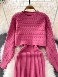 Women's Two Piece Dress Set Casual Dress Sheath Dress Outdoor Daily Fashion Streetwear Ruched Midi Dress Crew Neck Long Sleeve Plain Loose Fit Black White Wine Fall Winter One-Size -HAYz Clothing Shop ldegxb1694057142379