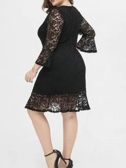 Women's Plus Size Party Dress Lace Dress Cocktail Dress Midi Dress Black 3/4 Length Sleeve Pure Color Lace Spring Fall Winter V Neck Fashion Winter Dress Birthday Wedding Guest 2023 XL XXL 3XL 4XL -HAYz Clothing Shop ldifse1693535469871