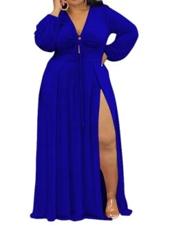 Women‘s Plus Size Curve Easter Dress Party Dress Solid Color V Neck Split Long Sleeve Fall Spring Dress Work Prom Dress Maxi Dress Party Vacation Dress -HAYz Clothing Shop ldlphi1638783971223