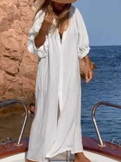 Women's Casual Dress Cotton Dress Shift Dress Maxi Long Dress Cotton Fashion Daily Outdoor Daily Vacation Stand Collar Button Pocket 3/4 Length Sleeve Fall Autumn 2023 Loose Fit White Plain S M L XL