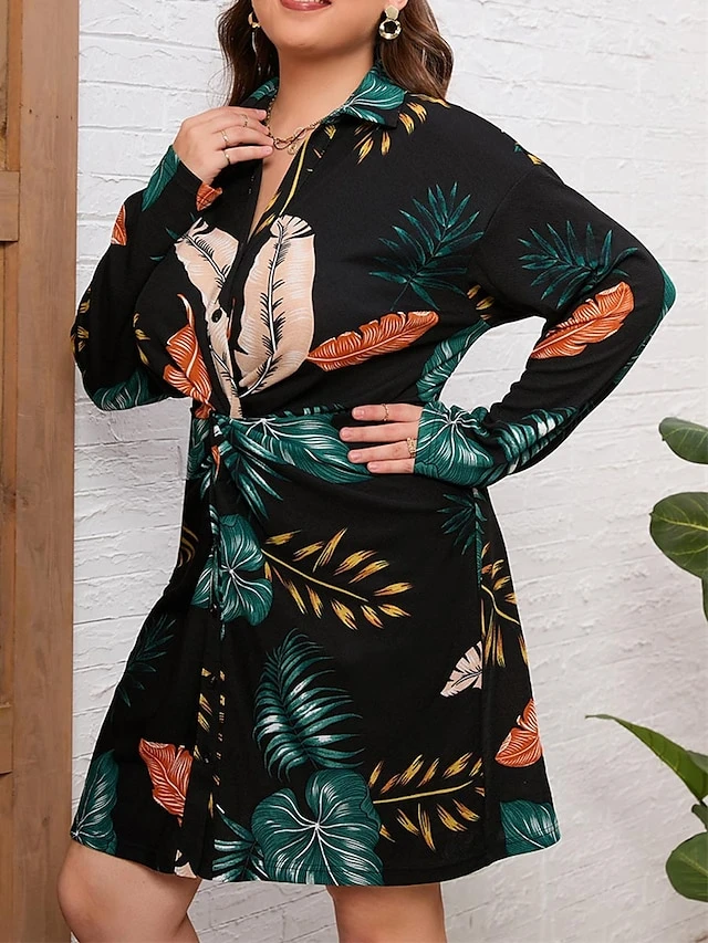 Women's Plus Size Shirt Dress Casual Dress Midi Dress Outdoor Daily Vacation Polyester Fashion Casual Shirt Collar Lace Up Button Long Sleeve Fall Winter 2023 Regular Fit Black Leaf L XL 2XL 3XL 4XL 1 Women's Plus Size Shirt Dress Casual Dress Midi Dress Outdoor Daily Vacation Polyester Fashion Casual Shirt Collar Lace Up Button Long Sleeve Fall Winter 2023 Regular Fit Black Leaf L XL 2XL 3XL 4XL