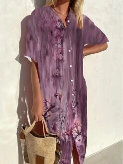 Women's Shirt Dress Mini Dress Office Daily Date Polyester Modern Casual Shirt Collar Button Print Half Sleeve Summer Spring Fall 2023 Loose Fit Red Purple Green Graphic S M L XL 2XL