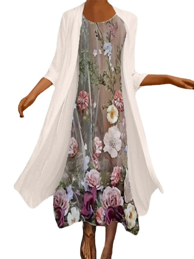Women's Dress Set Two Piece Dress Chiffon Dress Midi Dress Beige 3/4 Length Sleeve Floral Chiffon Fall Winter Autumn Crew Neck Stylish Loose Fit 2023 M L XL XXL 3XL 4XL 5XL 2 Women's Dress Set Two Piece Dress Chiffon Dress Midi Dress Beige 3/4 Length Sleeve Floral Chiffon Fall Winter Autumn Crew Neck Stylish Loose Fit 2023 M L XL XXL 3XL 4XL 5XL - Image 2