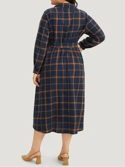 Women's Plus Size Curve Shirt Dress Casual Dress Swing Dress Plaid Midi Dress Long Sleeve Lace Up Button Shirt Collar Fashion Outdoor Dark Blue Fall Winter L XL 2XL 3XL 4XL -HAYz Clothing Shop lendwk1697164754695