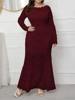 Women's Plus Size Curve Party Dress Lace Dress Sheath Dress Solid Color Long Dress Maxi Dress Long Sleeve Lace Crew Neck Fashion Wedding Black White Spring Fall XL XXL 3XL 4XL 5XL -HAYz Clothing Shop lepylt1693533324983