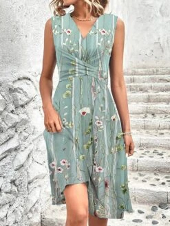 Women's Two Piece Dress Set Casual Dress Print Dress Outdoor Daily Fashion Streetwear Knot Front Print Midi Dress V Neck Half Sleeve Floral Regular Fit Green Summer Spring S M L XL XXL -HAYz Clothing Shop lesbgy1683281911165