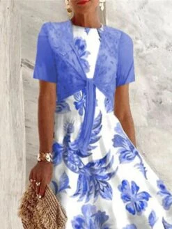 Women's Two Piece Dress Set Casual Dress Swing Dress Outdoor Daily Fashion Elegant Lace Up Print Long Dress Maxi Dress Crew Neck Short Sleeve Floral Regular Fit Blue Summer Spring S M L XL XXL -HAYz Clothing Shop lethiw1684150729106