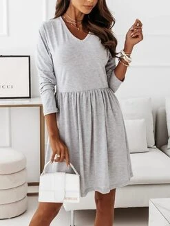 Women's Casual Dress Black Dress A Line Dress Mini Dress Cotton Polyester Fashion Daily Outdoor Daily Vacation Crew Neck Ruched Patchwork Long Sleeve Fall Autumn 2023 Regular Fit Black Khaki Gray -HAYz Clothing Shop lewamz1692956020196