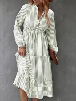 Women's Casual Dress Cotton Linen Dress Swing Dress Midi Dress Polyester Fashion Modern Outdoor Daily Vacation Split Neck Ruffle Button Long Sleeve Fall Winter Autumn 2023 Regular Fit Light Green -HAYz Clothing Shop leyxro1691462580127